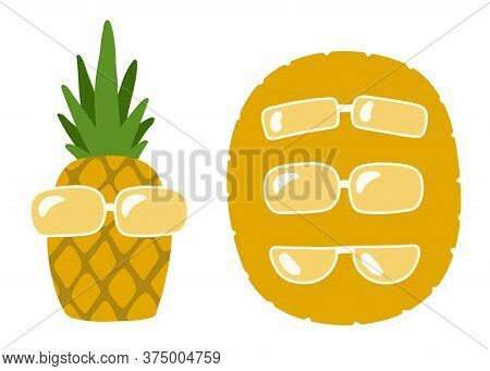 Bright Funny Illustration With Pineapple. Fruit In Glasses. Set Of Elements For Design. Isolated Obj