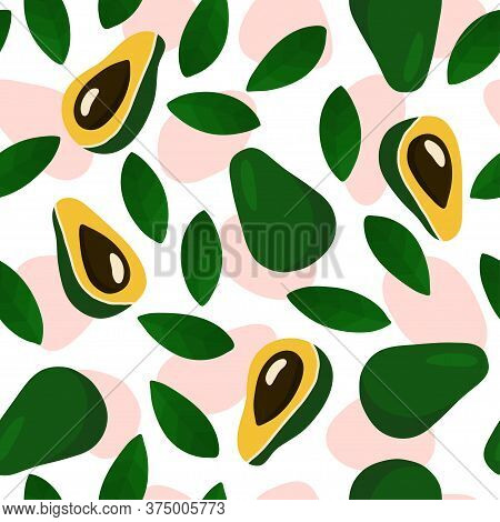 Seamless Pattern With Yellow Avocados. Green Leaves, Slices Of Avocado. Bright Colours. Illustration