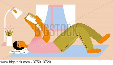 Cute Man Reading A Book. Digital Detox. Time At Home. Stay Home. Male Character Spending Time At Lei