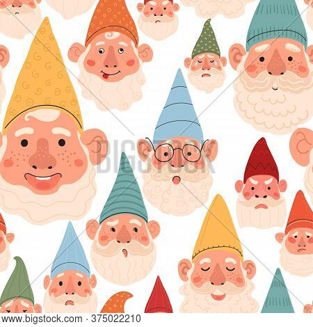 Vector Modern Seamless Pattern With Colorful Illustrations Of Garden Gnome. Use It For Wallpaper, Te