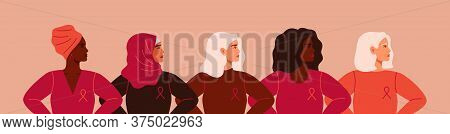Five Women With Pink Ribbons Of Different Nationalities Are Standing Together. Breast Cancer Awarene