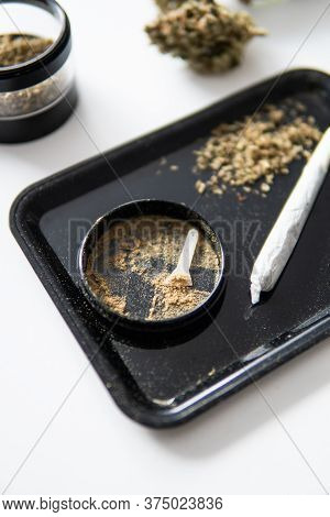 Kief In Grinder The Pot Leaves On Buds Thc Cbd. Marijuana Nature Bud. Indica Sativa Medical Health.