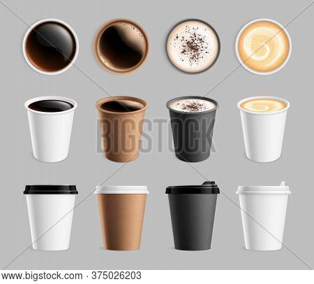 Takeaway Coffee Mockup. Plastic Paper Cup For Liquid And Drink To Go. Espresso Latte Cappuccino Mug,