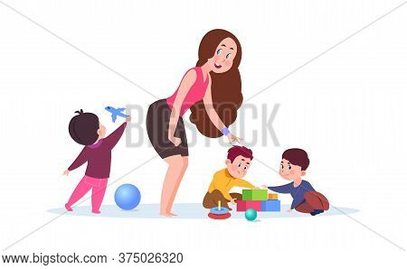 Kindergarten Time. Cute Cartoon Toddlers, Adorable Teacher. Young Nanny Or Babysitter And Playing Ki