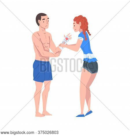 Girl Bandaging Arm Of Injured Man, Female Lifeguard Helping Man With Injury, First Aid Vector Illust