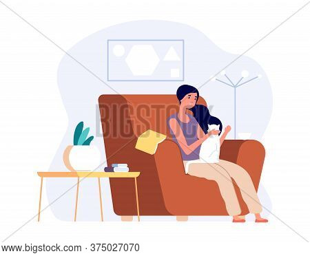 Woman With Cat. Girl Relaxed In Cozy Living Room And Stroking Kitten. Self Isolation, Introversion O