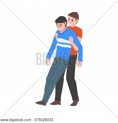 Man Carrying Unconscious Injured Person, First Aid Vector Illustration On White Background.
