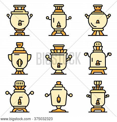 Samovar Icons Set. Outline Set Of Samovar Vector Icons Thin Line Color Flat On White