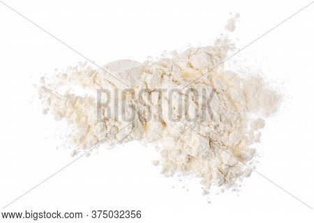 Pile Of Flour Isolated On White Background. Top View. Flat Lay
