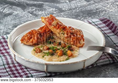 Chicken Drumstick Ballotin With Onion Sauce And Mushrooms. Stuffed Chicken Legs