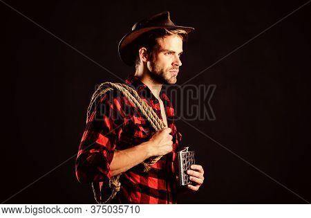 Tipsy Rider. Cowboy With Lasso Rope. Western. Western Cowboy Portrait. Man Checkered Shirt On Ranch.