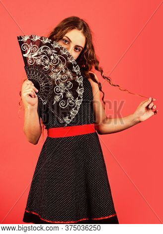 Retro Girl Use Fan. True Lady Cover Her Face. Vintage Portrait. Carnival Or Masquerade. Theatre Perf