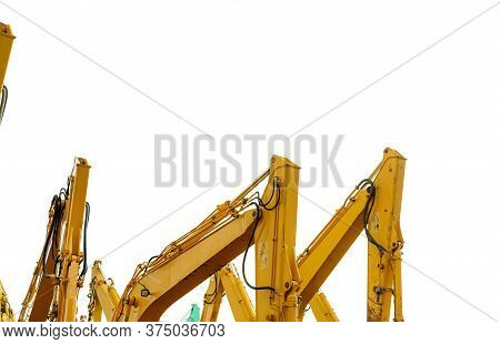 Yellow Backhoe With Hydraulic Piston Arm Isolated On White. Heavy Machine For Excavation In Construc