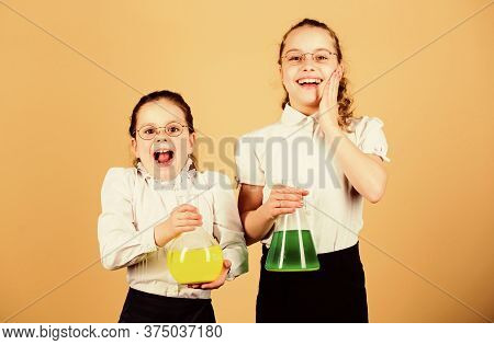 Science Research In Lab. Knowledge And Education. Children Study At Biology Lesson. Back To School. 