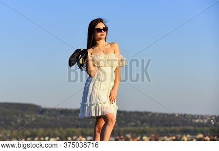Summer Holidays. Girl In Sunglasses Copy Space. Towards Summer. Afterparty Concept. Woman Sunrise Ca