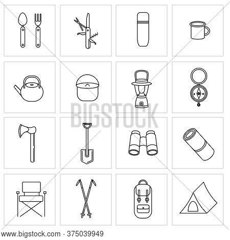 Set Of Vector Icons For Camping, Travel And Tourism. Collection Of Icons For Hiking And Outdoor Acti