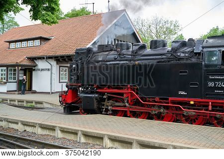Wernigerode, Germany - May 23, 2020: Locomotive And Carriages Of The Brockenbahn In The Westerntor S