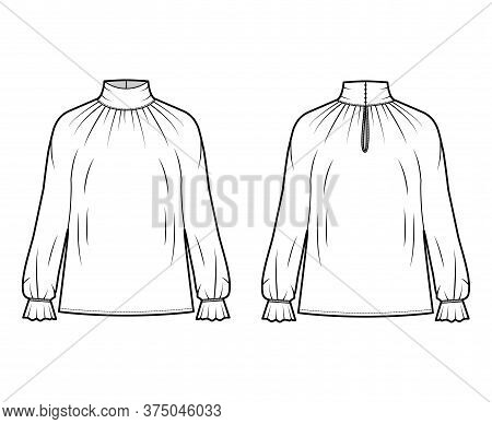 Turtleneck Blouse Technical Fashion Illustration With Long Sleeves, Flouncy Ruffled Cuffs, Oversized