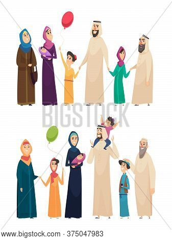 Muslim Family. Big Arabic Happy Family Saudi People Father Mother Boys Girls Elders Vector Character