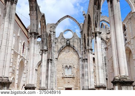 Lisbon City Landmark In Portugal. Carmo Convent - Church Ruined After Earthquake.