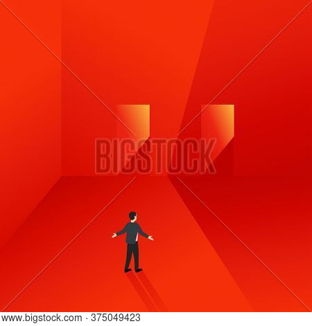 Two Ways Choise Confusion Isometric Concept - Small Man Stay In Front Of Two Same Doors But Differen