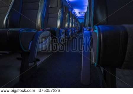 Modern Comfortable International Shuttle Coach Bus With Blue Ambient Light Illumination.