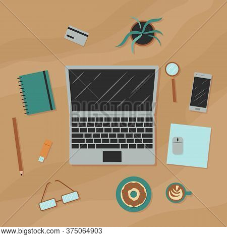 Workplace. Top View. Isolated Objects. Vector Cartoon Illustration. Flat Design.