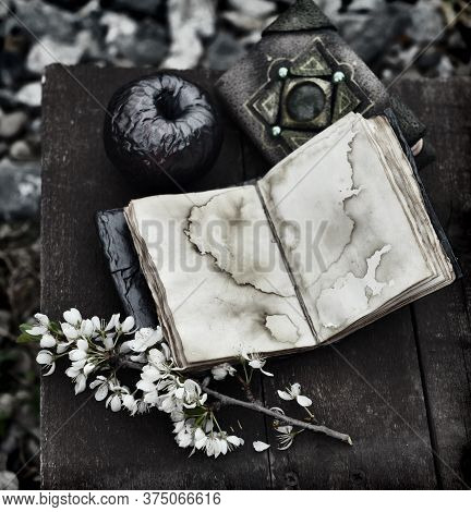 Grunge Still Life With Open Diary, Black Apple And Blooming Branch On Witch Table. Esoteric, Gothic 