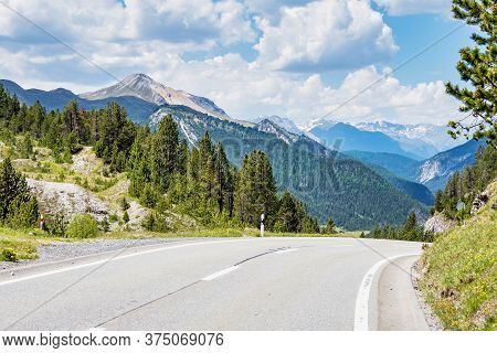 Road To Ofenpass, Fuorn Pass In Val Mustair Valley Of Canton Grisons, Graubunden, Switzerland.