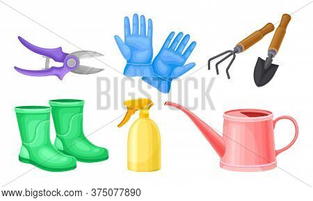Garden Tools With Watering Can And Ironmongery Vector Set