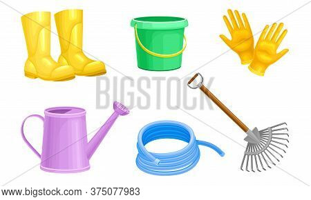 Garden Tools With Watering Can And Ironmongery Vector Set