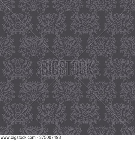 Dark Brown Arabesque Background. Seamless Retro Damask Vector Pattern. Stylized Drawn Vintage Flower