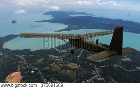Vintage Old Plane Flying On Atmostphere To Landing From Sky (include Path)
