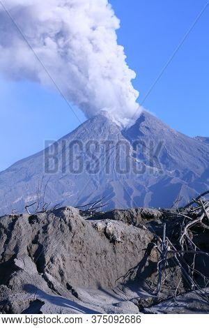 Eruption Of Mount Merapi From Close Range. Mount Merapi Is Located In Central Java