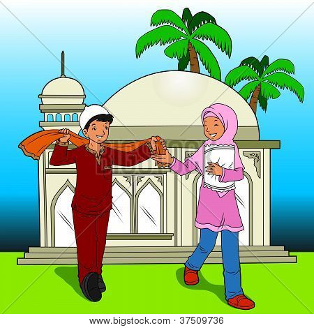 Indonesiske muslimske børn og moskeen