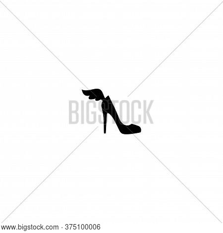 Female Shoe With High Heel And Wing. Elegant Black Slipper With Spike Heel On While Background.