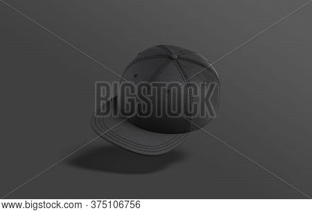 Blank Black Jeans Snapback Mockup, No Gravity, 3d Rendering. Empty Denim Headgear With Visor Mock Up