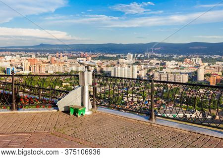 Krasnoyarsk City Aerial Panoramic View From Karaulnaya Mountain Viewpoint In Krasnoyarsk, Russia
