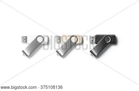 Blank Black, White And Wood Usb Stick Mockup, Top View, 3d Rendering. Empty Connect Micro Flashcard 