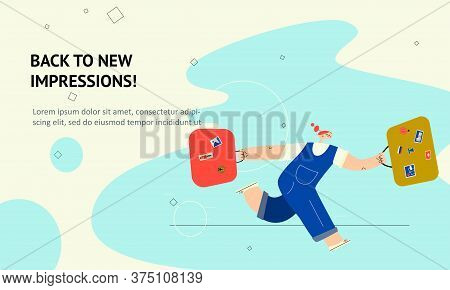 Woman Running With Uitcases. Vector Flat Illustration , Isolated On White Background. Web Banner.