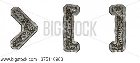 Mechanical alphabet made from rivet metal with gears on white background. Set of symbols left and right square bracket, right angle bracket. 3D rendering