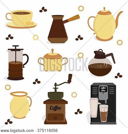 Vector Coffe Icon Set In Flat Style. Vector Illustration For Coffee Shop, Market, Cafe Design, Resta