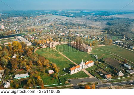 Ruzhany, Brest Region, Belarus. Cityscape Skyline In Autumn Sunny Evening. Birds-eye View Of Ruzhany