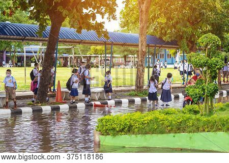 Kanchanaburi,thailand-july 2,2020:thai Students Wear Various Medical Masks To Prevent Themselves Fro