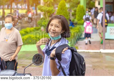 Kanchanaburi,thailand-july 2,2020:thai Students Wear Various Medical Masks To Prevent Themselves Fro