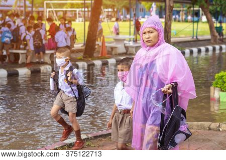 Kanchanaburi,thailand-july 2,2020:thai Students Wear Various Medical Masks To Prevent Themselves Fro