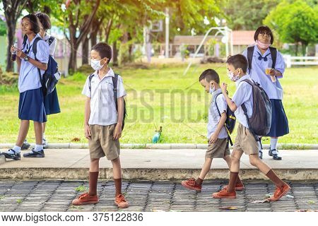 Kanchanaburi,thailand-july 2,2020:thai Students Wear Various Medical Masks To Prevent Themselves Fro
