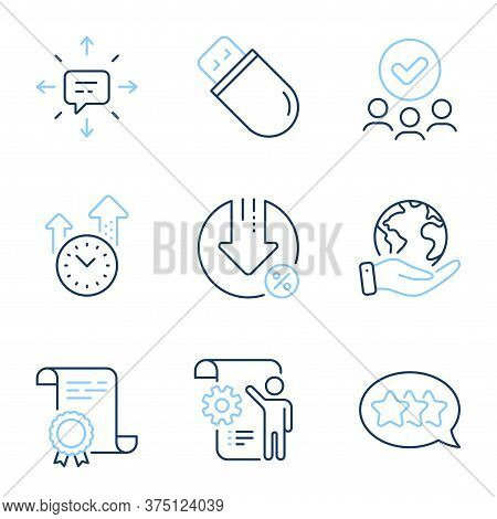 Stars, Sms And Settings Blueprint Line Icons Set. Diploma Certificate, Save Planet, Group Of People.
