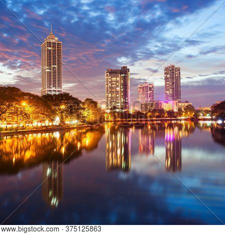 Beira Lake And Colombo City Skyline View At Sunset. Beira Lake Is A Lake In The Center Of The Colomb