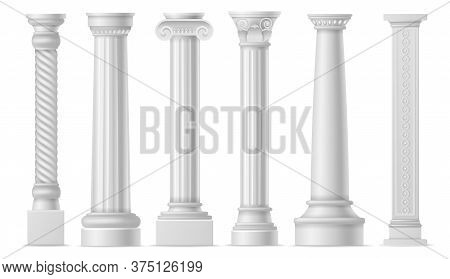 Antique White Columns. Roman Historical Stone Colonnade Or Pillars, Realistic Marble Pillar Ancient 
